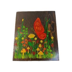 Vintage 70s Butterfly And Flowers Painting On Wooden Board Red Yellow Green 12"